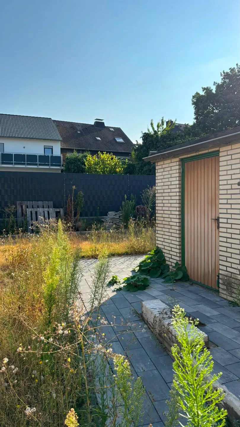 Weg durch eine stärker bewachsene Gartenfläche
